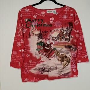 Collections Etc. Christmas Shirt Santa Sequins Snowflakes Scenery M